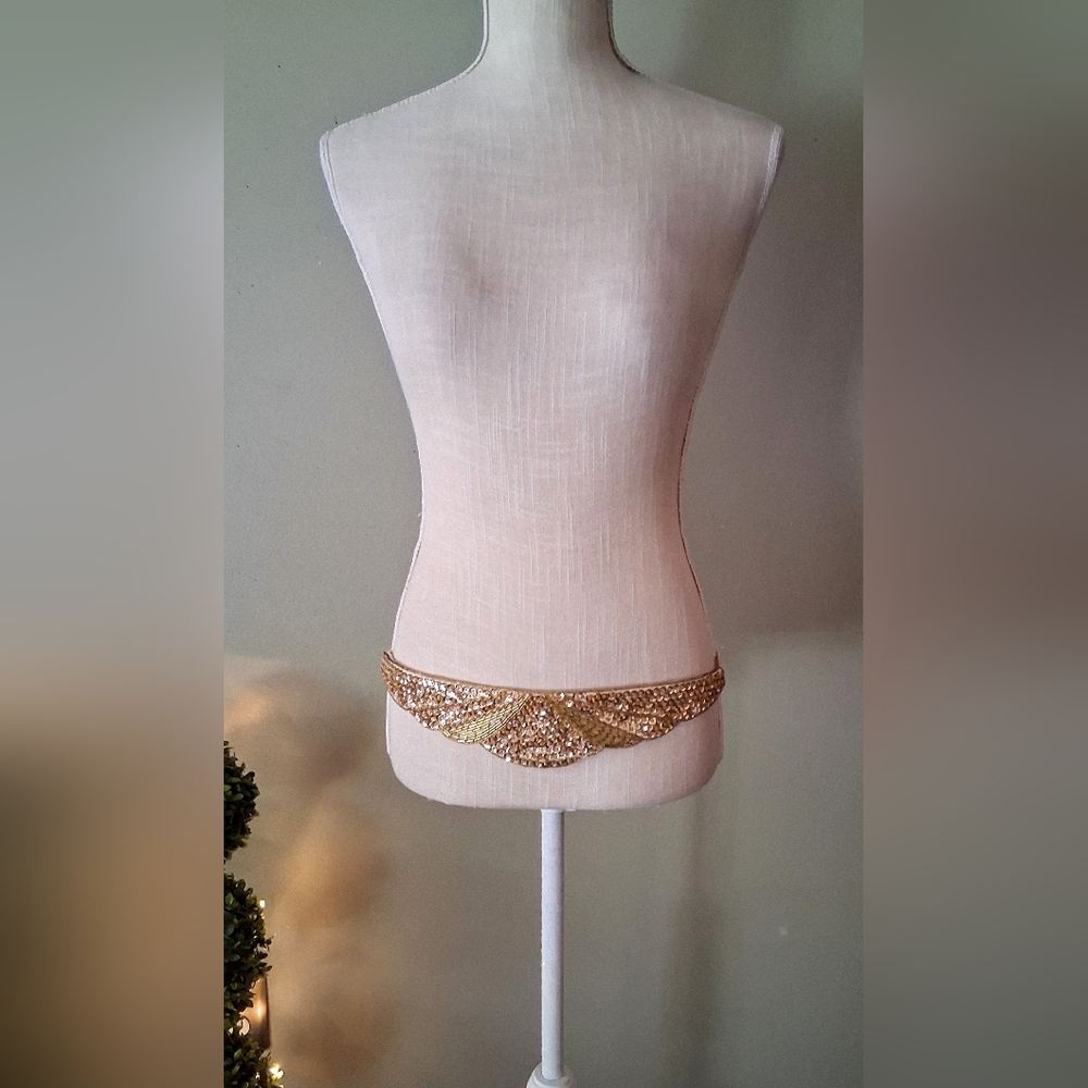80s "Milor" Gold Sequin & Beaded Cummerbund Belt - Metallic Shades of Gold - Picture 5 of 9
